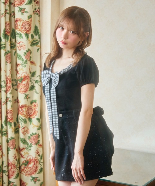 TITTY&CO.（ティティーアンドコー）の「ギンガムリボン半袖トップス（Tシャツ/カットソー・レディース・ホワイト/グレー/ブラック・FREE）」の14枚目の写真