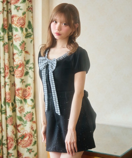 TITTY&CO.（ティティーアンドコー）の「ギンガムリボン半袖トップス（Tシャツ/カットソー・レディース・ホワイト/グレー/ブラック・FREE）」の13枚目の写真