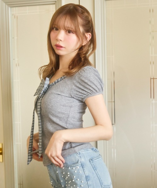 TITTY&CO.（ティティーアンドコー）の「ギンガムリボン半袖トップス（Tシャツ/カットソー・レディース・ホワイト/グレー/ブラック・FREE）」の11枚目の写真