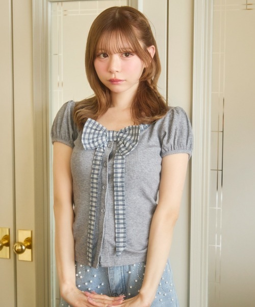 TITTY&CO.（ティティーアンドコー）の「ギンガムリボン半袖トップス（Tシャツ/カットソー・レディース・ホワイト/グレー/ブラック・FREE）」の9枚目の写真