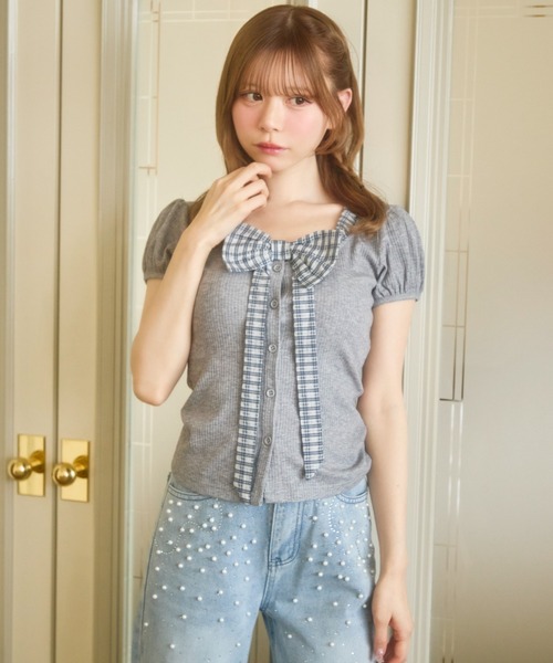 TITTY&CO.（ティティーアンドコー）の「ギンガムリボン半袖トップス（Tシャツ/カットソー・レディース・ホワイト/グレー/ブラック・FREE）」の5枚目の写真