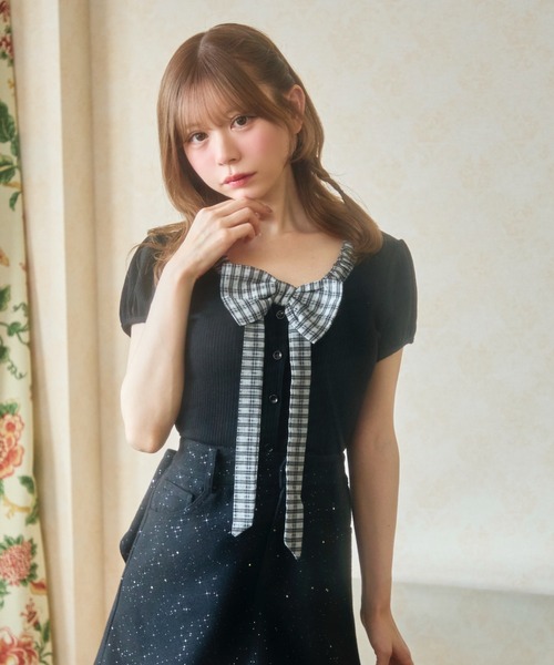 TITTY&CO.（ティティーアンドコー）の「ギンガムリボン半袖トップス（Tシャツ/カットソー・レディース・ホワイト/グレー/ブラック・FREE）」の19枚目の写真