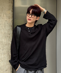 JUAN HOMME（ジュアンオム）の「ヘンリーネックロングスリーブTシャツ（ブラック）（Tシャツ/カットソー）」