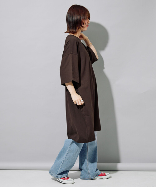 FREAK'S STORE(フリークスストア)の「限定展開 <接触冷感・吸水速乾・UVカット・抗菌・防臭>STORATECH(ストラテック) ビッグ Tシャツ 半袖 ミニワンピース(ワンピース・レディース・ブラック/オフホワイト/その他13/ブラウン/ネイビー/ベージュ・フリ-)」の7枚目の写真