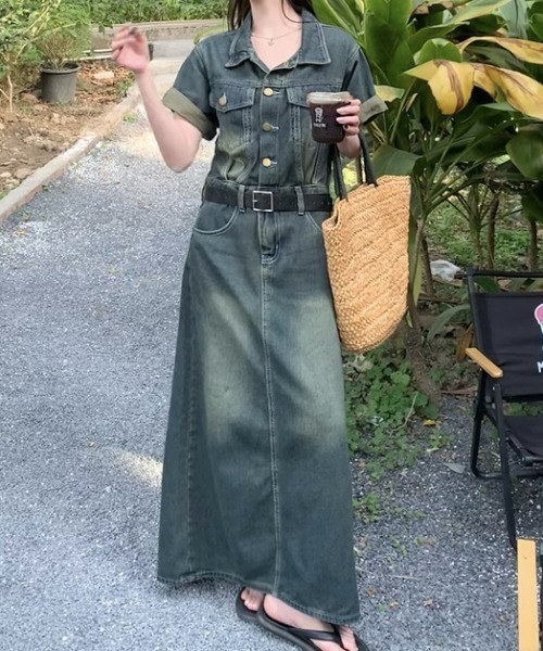 FAVORITO(ファヴォリート)の「半袖ロング襟付きデニムワンピース(ワンピース・レディース・ブルー・L/M/XL)」の5枚目の写真