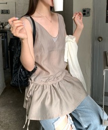 Vネック ノースリーブ ウエスト切替 ギャザー フレアヘム トップス