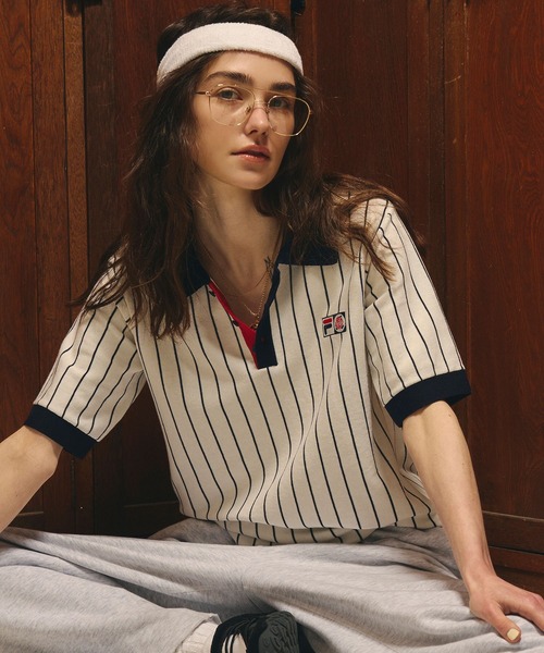 FILA(フィラ)の「(FILAⅹROSEBUD)KNITTED POLO SHIRT(ポロシャツ・レディース・ホワイト/ネイビー・ONE SIZE)」の1枚目の写真