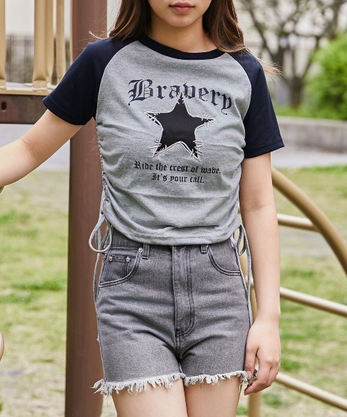 GORGE(ゴージ)の「《ダメージスター×ロゴ》ドロストカットソー/Y2K/春夏/全3色(Tシャツ/カットソー・レディース・レッド/ブラック/グレー・F)」の8枚目の写真