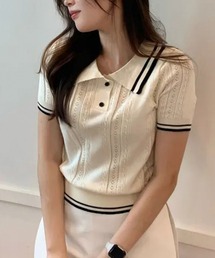 配色ライン半袖ポロニット