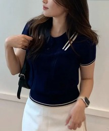 配色ライン半袖ポロニット