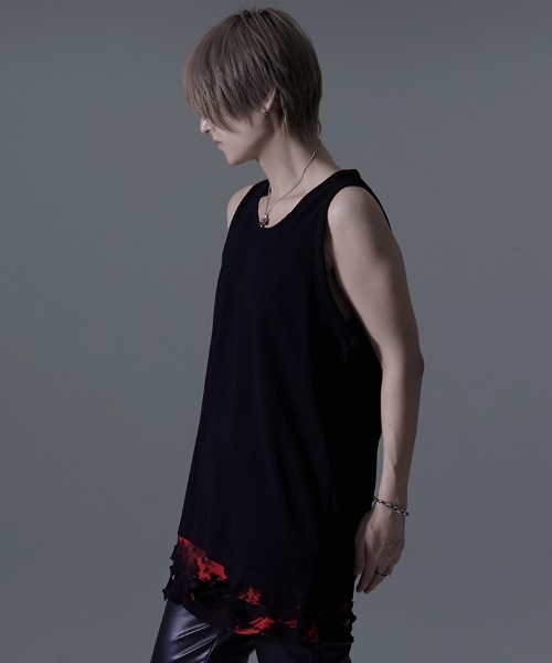RUDOL(ルドル)の「『RUDOL/ルドル』クラッシュ加工ムラ染めレイヤードデザインロングタンクトップ(タンクトップ・メンズ・ブラック×ブラック/ブラック×レッド・FREE)」の12枚目の写真