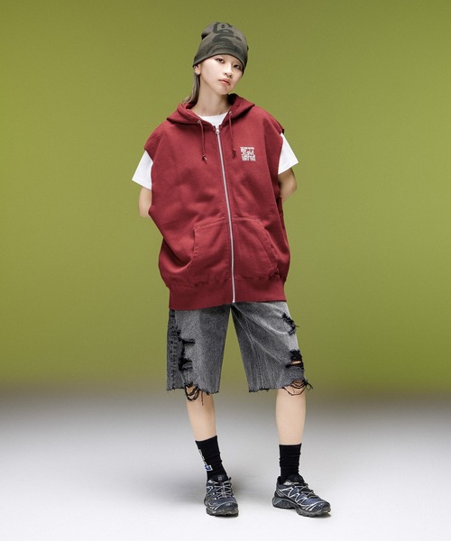 X-girl(エックスガール)の「HEAVY DISTRESSED LOGO BEANIE(ニットキャップ/ビーニー・レディース・ブラック/オリーブ・ONE SIZE)」の4枚目の写真