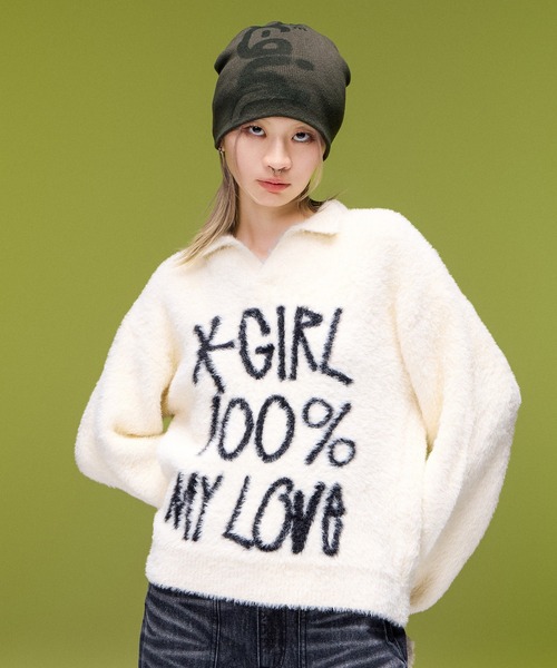 X-girl(エックスガール)の「HEAVY DISTRESSED LOGO BEANIE(ニットキャップ/ビーニー・レディース・ブラック/オリーブ・ONE SIZE)」の9枚目の写真