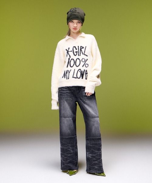 X-girl(エックスガール)の「HEAVY DISTRESSED LOGO BEANIE(ニットキャップ/ビーニー・レディース・ブラック/オリーブ・ONE SIZE)」の10枚目の写真