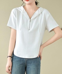 フード付き半袖Tシャツ ジップアップ ハイウエスト丈