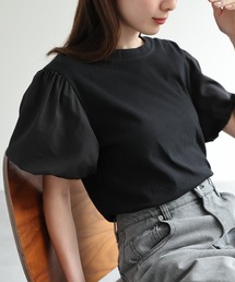 異素材バルーンスリーブカットソー／ボリューム袖デザインTシャツ