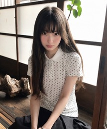 ドット柄パフスリーブコンパクトポロシャツ/ポロ衿半袖Tシャツ