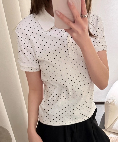 AVYL(アヴィル)の「ドット柄パフスリーブコンパクトポロシャツ/ポロ衿半袖Tシャツ(Tシャツ/カットソー・レディース・ホワイト・M)」の10枚目の写真