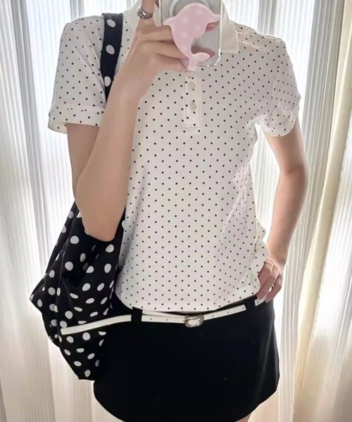AVYL(アヴィル)の「ドット柄パフスリーブコンパクトポロシャツ/ポロ衿半袖Tシャツ(Tシャツ/カットソー・レディース・ホワイト・M)」の7枚目の写真