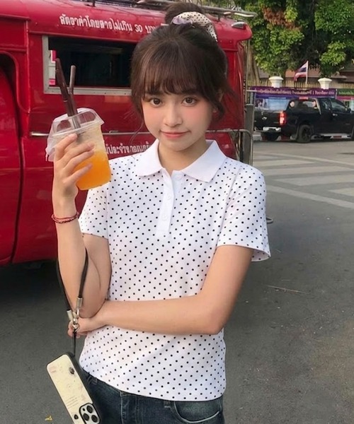 AVYL(アヴィル)の「ドット柄パフスリーブコンパクトポロシャツ/ポロ衿半袖Tシャツ(Tシャツ/カットソー・レディース・ホワイト・M)」の12枚目の写真