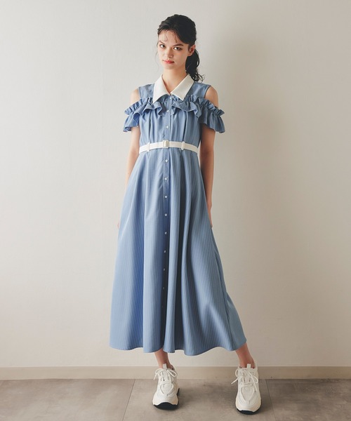 REDYAZEL(レディアゼル)の「クレリックオフショルフリルシャツロングワンピース(ワンピース・レディース・ブルー/ネイビー/イエロー・FREE)」の14枚目の写真