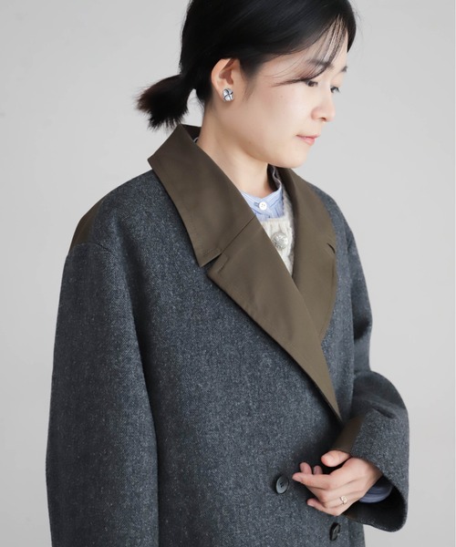 Blanc Bleu Minuit(ブランブルーミニュイ)の「【予約】ヘリンボーン×ツイルコンビ ダブルコート(その他アウター・レディース・グレー/ブラウン・FREE)」の16枚目の写真