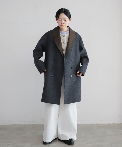 Blanc Bleu Minuit(ブランブルーミニュイ)の「【予約】ヘリンボーン×ツイルコンビ ダブルコート(その他アウター・レディース・グレー/ブラウン・FREE)」の11枚目の写真