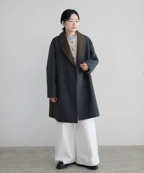 Blanc Bleu Minuit(ブランブルーミニュイ)の「【予約】ヘリンボーン×ツイルコンビ ダブルコート(その他アウター・レディース・グレー/ブラウン・FREE)」の12枚目の写真