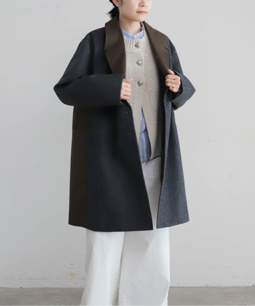Blanc Bleu Minuit(ブランブルーミニュイ)の「【予約】ヘリンボーン×ツイルコンビ ダブルコート(その他アウター・レディース・グレー/ブラウン・FREE)」の13枚目の写真