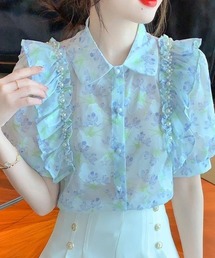 半袖 花柄パールシアーブラウス