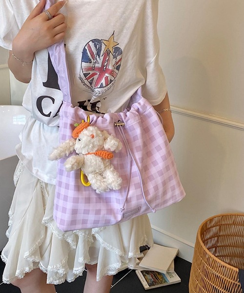 VIBGYOR（ヴィブジョー）の「Mignonjour/くしゅくしゅチェック柄巾着バッグ M2963（ショルダーバッグ・レディース・パープル/イエロー・FREE）」の9枚目の写真