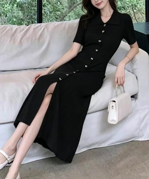 FAVORITO(ファヴォリート)の「ニットシャツワンピース(ワンピース・レディース・ベージュ/ブラック・F)」の4枚目の写真
