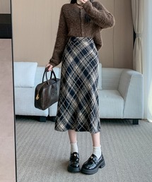 チェック柄 ウール混 スリット Aラインスカート