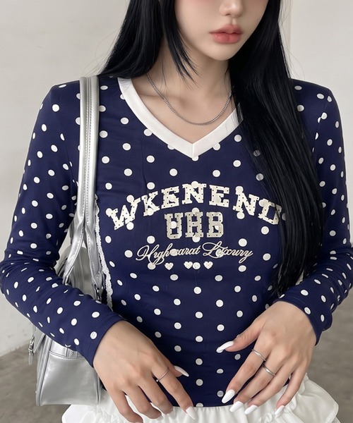 non-hedge(ノンヘッジ)の「ドット柄レースラインロンT(Tシャツ/カットソー・レディース・オフホワイト/ブラウン/ネイビー/ワインレッド/グレー・FREE)」の4枚目の写真