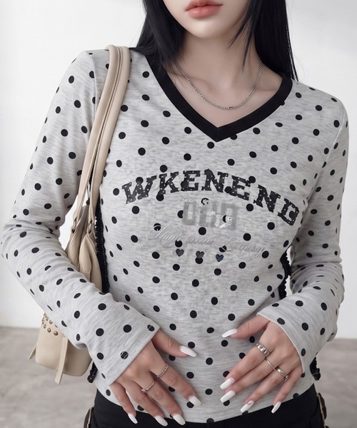 non-hedge(ノンヘッジ)の「ドット柄レースラインロンT(Tシャツ/カットソー・レディース・オフホワイト/ブラウン/ネイビー/ワインレッド/グレー・FREE)」の2枚目の写真