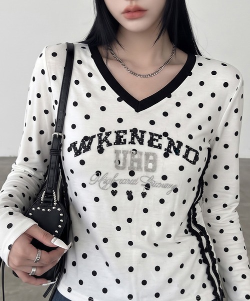 non-hedge(ノンヘッジ)の「ドット柄レースラインロンT(Tシャツ/カットソー・レディース・オフホワイト/ブラウン/ネイビー/ワインレッド/グレー・FREE)」の1枚目の写真