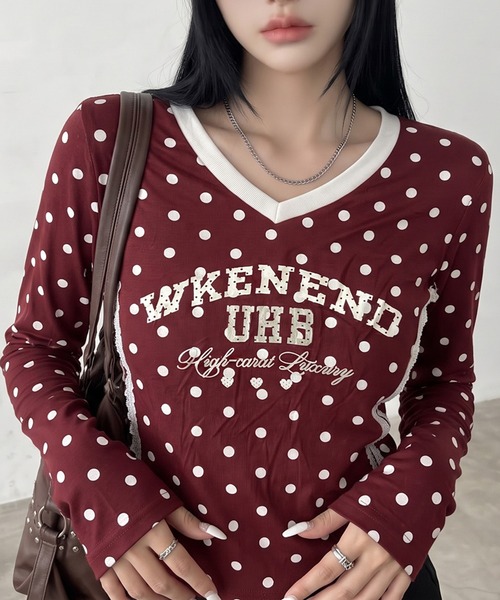 non-hedge(ノンヘッジ)の「ドット柄レースラインロンT(Tシャツ/カットソー・レディース・オフホワイト/ブラウン/ネイビー/ワインレッド/グレー・FREE)」の5枚目の写真