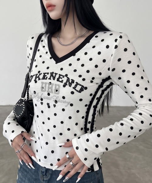 non-hedge(ノンヘッジ)の「ドット柄レースラインロンT(Tシャツ/カットソー・レディース・オフホワイト/ブラウン/ネイビー/ワインレッド/グレー・FREE)」の7枚目の写真
