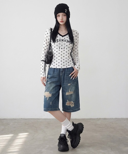 non-hedge(ノンヘッジ)の「ドット柄レースラインロンT(Tシャツ/カットソー・レディース・オフホワイト/ブラウン/ネイビー/ワインレッド/グレー・FREE)」の10枚目の写真