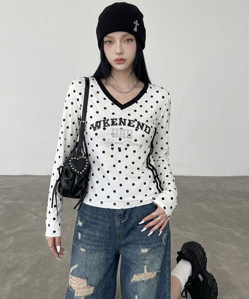 non-hedge(ノンヘッジ)の「ドット柄レースラインロンT(Tシャツ/カットソー・レディース・オフホワイト/ブラウン/ネイビー/ワインレッド/グレー・FREE)」の9枚目の写真