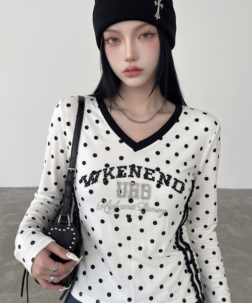 non-hedge(ノンヘッジ)の「ドット柄レースラインロンT(Tシャツ/カットソー・レディース・オフホワイト/ブラウン/ネイビー/ワインレッド/グレー・FREE)」の6枚目の写真