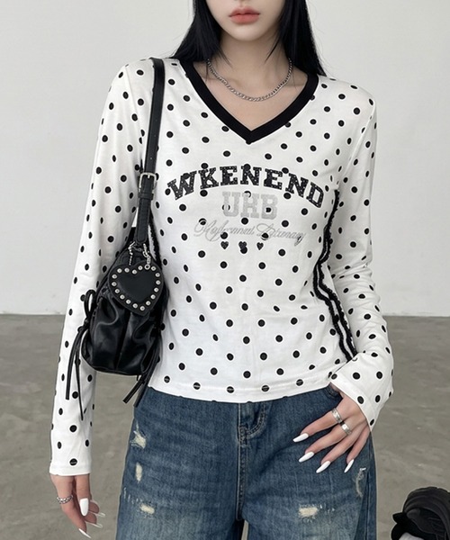 non-hedge(ノンヘッジ)の「ドット柄レースラインロンT(Tシャツ/カットソー・レディース・オフホワイト/ブラウン/ネイビー/ワインレッド/グレー・FREE)」の8枚目の写真