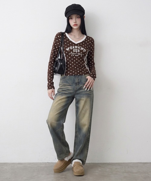 non-hedge(ノンヘッジ)の「ドット柄レースラインロンT(Tシャツ/カットソー・レディース・オフホワイト/ブラウン/ネイビー/ワインレッド/グレー・FREE)」の14枚目の写真