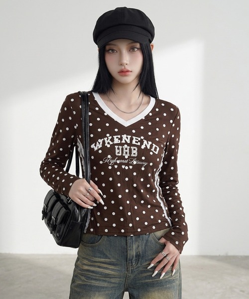 non-hedge(ノンヘッジ)の「ドット柄レースラインロンT(Tシャツ/カットソー・レディース・オフホワイト/ブラウン/ネイビー/ワインレッド/グレー・FREE)」の11枚目の写真