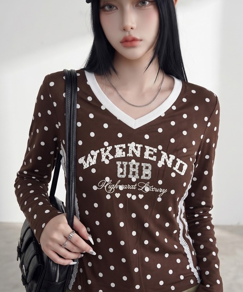 non-hedge(ノンヘッジ)の「ドット柄レースラインロンT(Tシャツ/カットソー・レディース・オフホワイト/ブラウン/ネイビー/ワインレッド/グレー・FREE)」の12枚目の写真