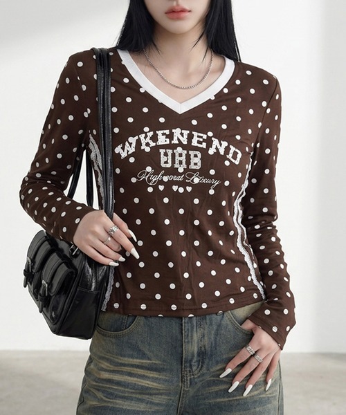 non-hedge(ノンヘッジ)の「ドット柄レースラインロンT(Tシャツ/カットソー・レディース・オフホワイト/ブラウン/ネイビー/ワインレッド/グレー・FREE)」の13枚目の写真