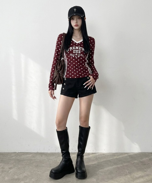 non-hedge(ノンヘッジ)の「ドット柄レースラインロンT(Tシャツ/カットソー・レディース・オフホワイト/ブラウン/ネイビー/ワインレッド/グレー・FREE)」の17枚目の写真
