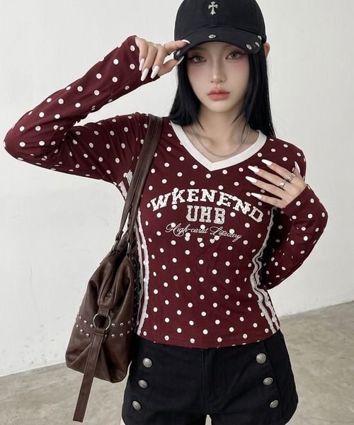 non-hedge(ノンヘッジ)の「ドット柄レースラインロンT(Tシャツ/カットソー・レディース・オフホワイト/ブラウン/ネイビー/ワインレッド/グレー・FREE)」の15枚目の写真