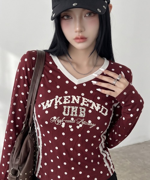 non-hedge(ノンヘッジ)の「ドット柄レースラインロンT(Tシャツ/カットソー・レディース・オフホワイト/ブラウン/ネイビー/ワインレッド/グレー・FREE)」の16枚目の写真
