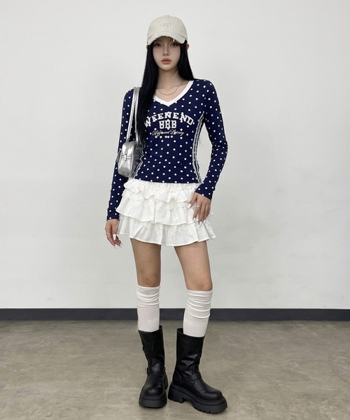 non-hedge(ノンヘッジ)の「ドット柄レースラインロンT(Tシャツ/カットソー・レディース・オフホワイト/ブラウン/ネイビー/ワインレッド/グレー・FREE)」の20枚目の写真